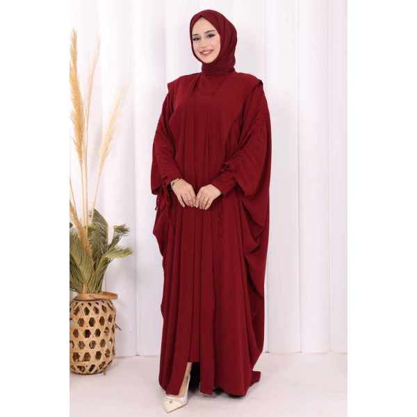 Kapüşonlu Abaya ve  Elbise İkili Takım 70013 Bordo