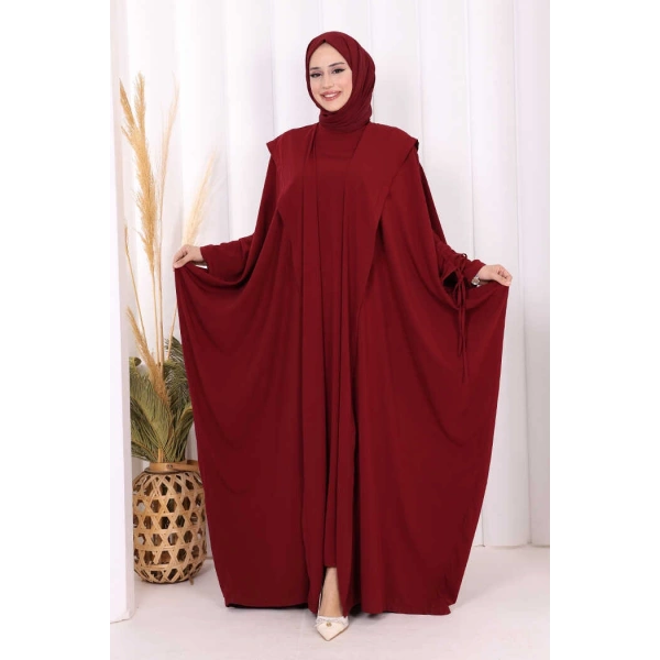Kapüşonlu Abaya ve  Elbise İkili Takım 70013 Bordo