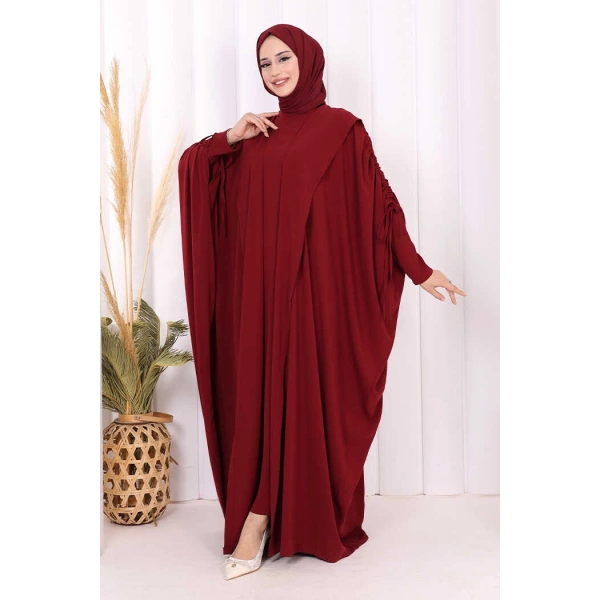 Kapüşonlu Abaya ve  Elbise İkili Takım 70013 Bordo