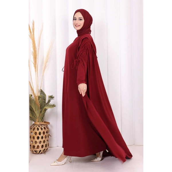 Kapüşonlu Abaya ve  Elbise İkili Takım 70013 Bordo
