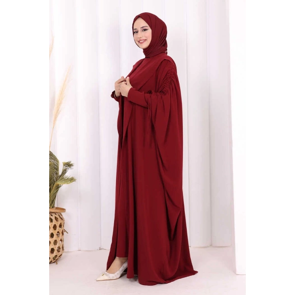 Kapüşonlu Abaya ve  Elbise İkili Takım 70013 Bordo