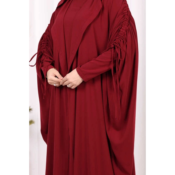 Kapüşonlu Abaya ve  Elbise İkili Takım 70013 Bordo