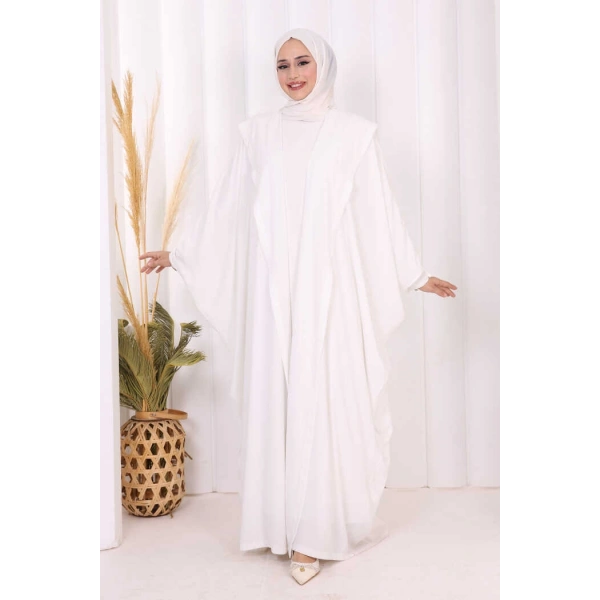 Kapüşonlu Abaya ve  Elbise İkili Takım 70013 Ekru