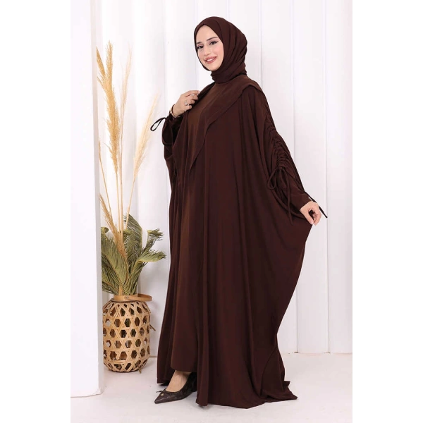 Kapüşonlu Abaya ve  Elbise İkili Takım 70013 Kahverengi