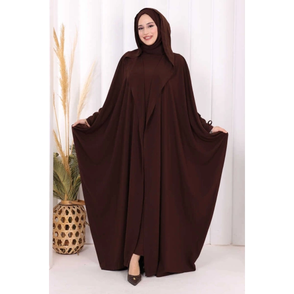 Kapüşonlu Abaya ve  Elbise İkili Takım 70013 Kahverengi