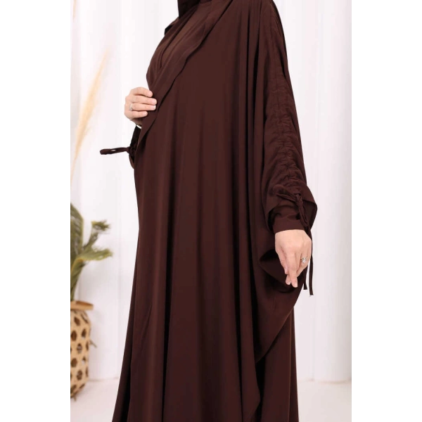 Kapüşonlu Abaya ve  Elbise İkili Takım 70013 Kahverengi