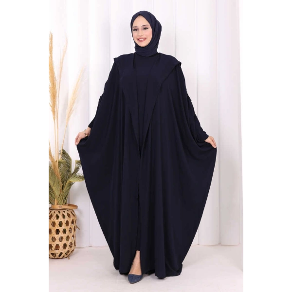 Kapüşonlu Abaya ve  Elbise İkili Takım 70013 Lacivert