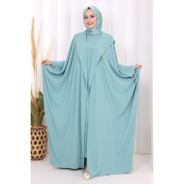 Kapüşonlu Abaya ve  Elbise İkili Takım 70013 Mint