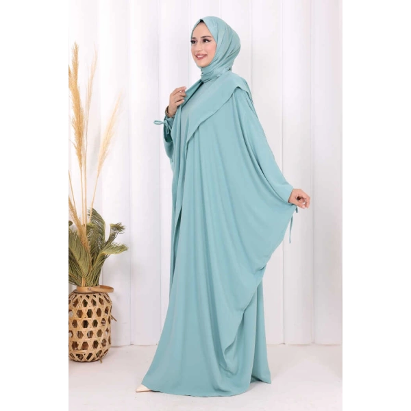 Kapüşonlu Abaya ve  Elbise İkili Takım 70013 Mint