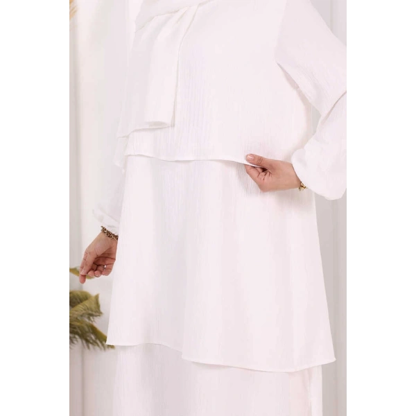 Kat Detaylı Tunik Pantolon Takım ŞAL HEDİYE! 8017 Ekru