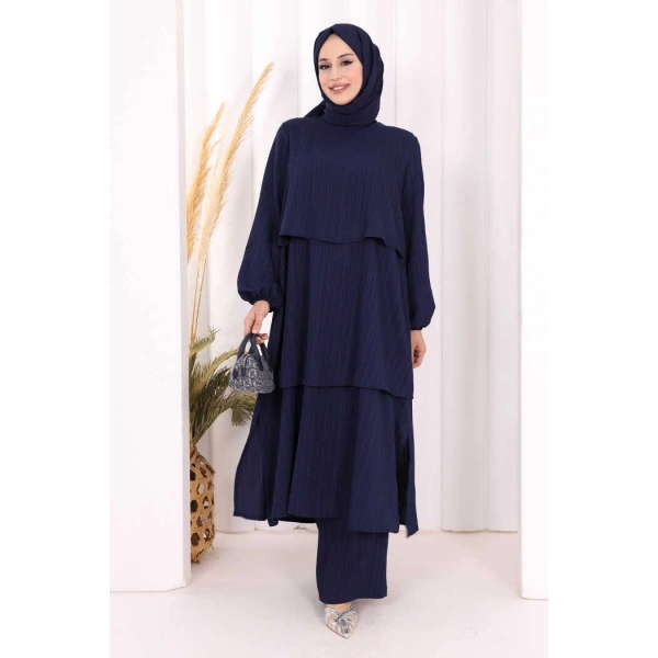 Kat Detaylı Tunik Pantolon Takım ŞAL HEDİYE! 8017 Lacivert