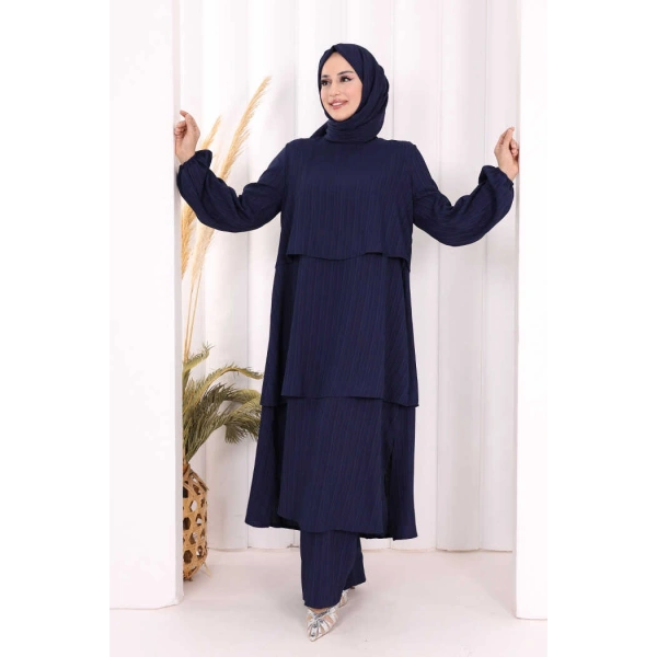 Kat Detaylı Tunik Pantolon Takım ŞAL HEDİYE! 8017 Lacivert