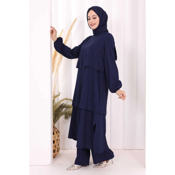 Kat Detaylı Tunik Pantolon Takım ŞAL HEDİYE! 8017 Lacivert