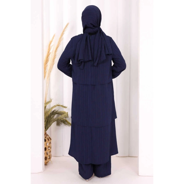 Kat Detaylı Tunik Pantolon Takım ŞAL HEDİYE! 8017 Lacivert