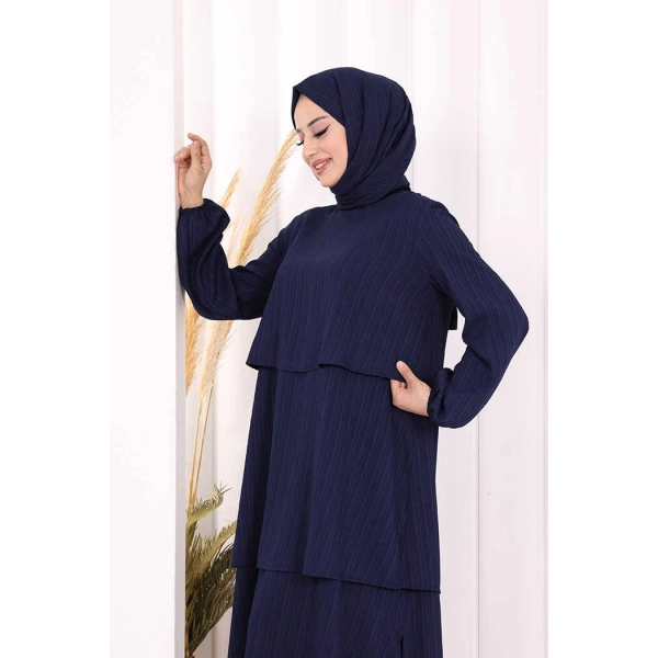 Kat Detaylı Tunik Pantolon Takım ŞAL HEDİYE! 8017 Lacivert