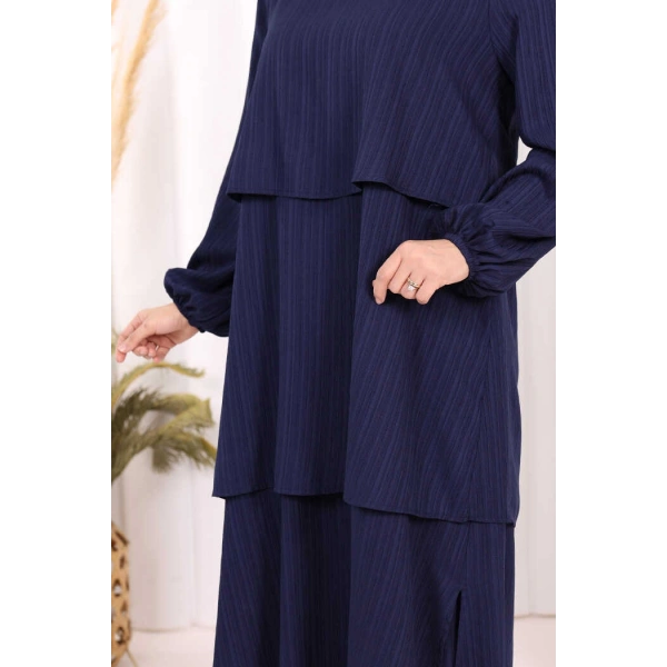 Kat Detaylı Tunik Pantolon Takım ŞAL HEDİYE! 8017 Lacivert