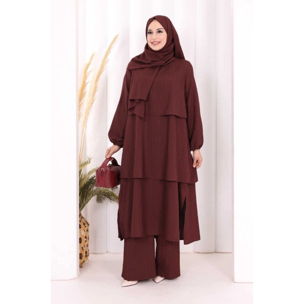Kat Detaylı Tunik Pantolon Takım ŞAL HEDİYE! 8017 Mürdüm