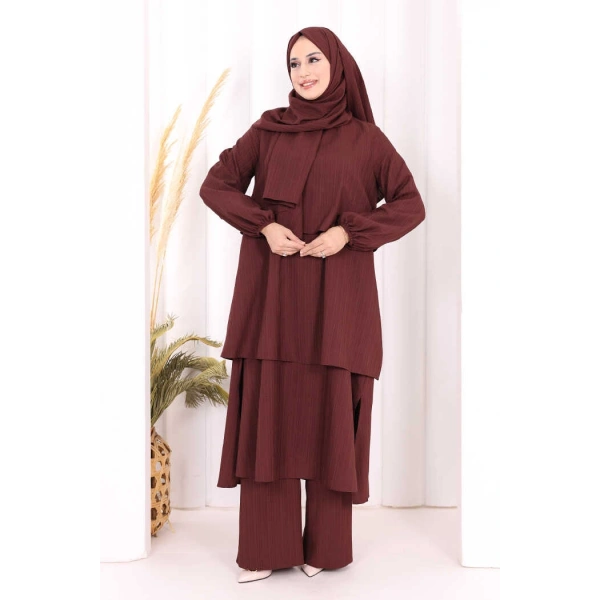 Kat Detaylı Tunik Pantolon Takım ŞAL HEDİYE! 8017 Mürdüm