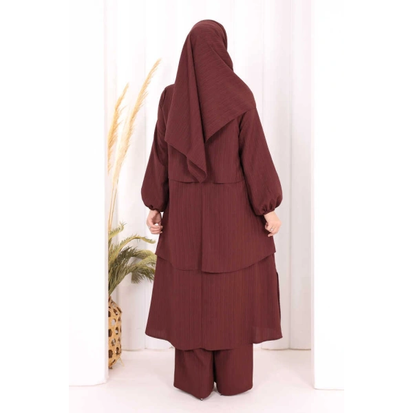Kat Detaylı Tunik Pantolon Takım ŞAL HEDİYE! 8017 Mürdüm