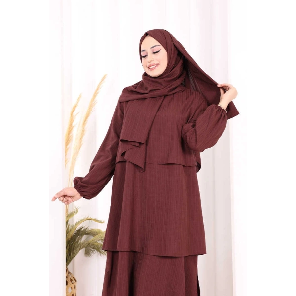 Kat Detaylı Tunik Pantolon Takım ŞAL HEDİYE! 8017 Mürdüm