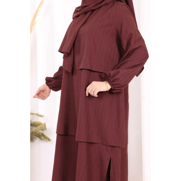 Kat Detaylı Tunik Pantolon Takım ŞAL HEDİYE! 8017 Mürdüm