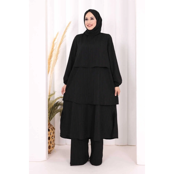 Kat Detaylı Tunik Pantolon Takım ŞAL HEDİYE! 8017 Siyah