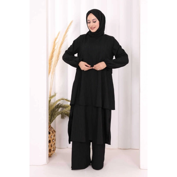 Kat Detaylı Tunik Pantolon Takım ŞAL HEDİYE! 8017 Siyah