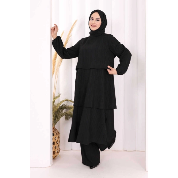 Kat Detaylı Tunik Pantolon Takım ŞAL HEDİYE! 8017 Siyah
