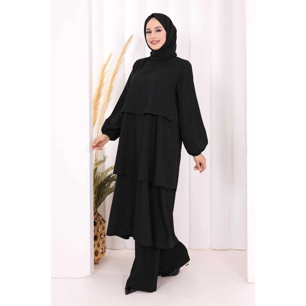 Kat Detaylı Tunik Pantolon Takım ŞAL HEDİYE! 8017 Siyah