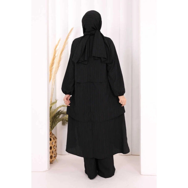 Kat Detaylı Tunik Pantolon Takım ŞAL HEDİYE! 8017 Siyah