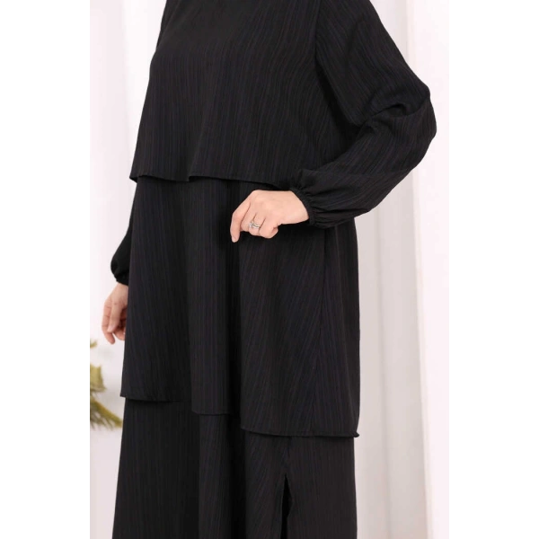 Kat Detaylı Tunik Pantolon Takım ŞAL HEDİYE! 8017 Siyah