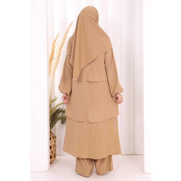 Kat Detaylı Tunik Pantolon Takım ŞAL HEDİYE! 8017 Taba