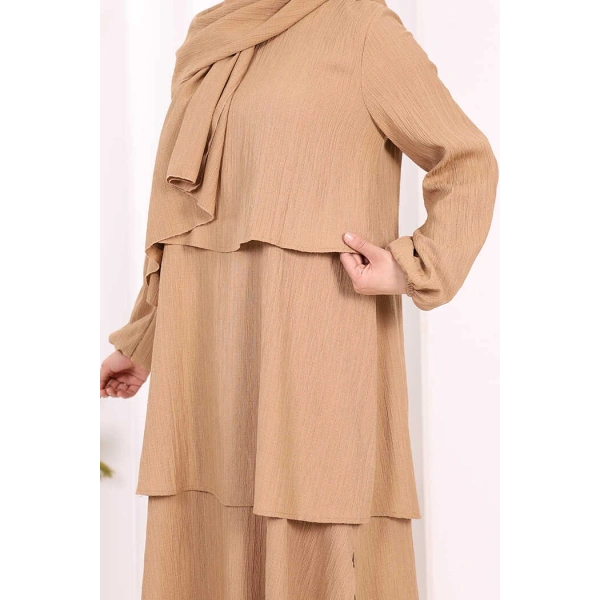 Kat Detaylı Tunik Pantolon Takım ŞAL HEDİYE! 8017 Taba