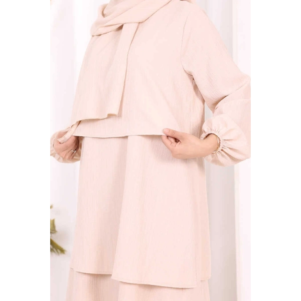 Kat Detaylı Tunik Pantolon Takım ŞAL HEDİYE! 8017 Taş