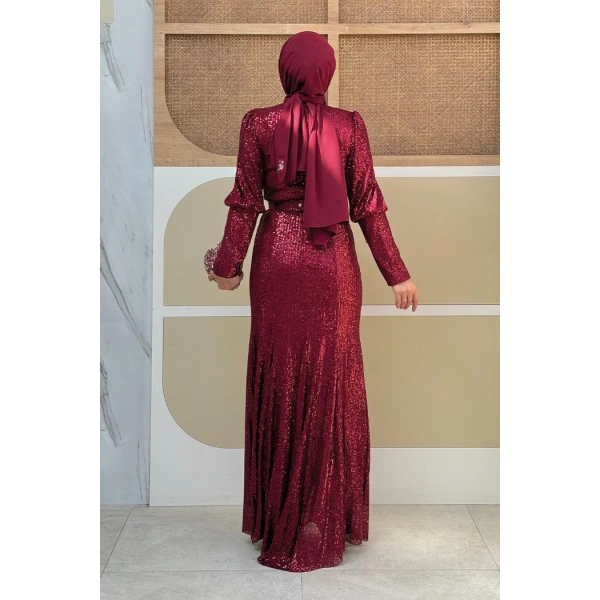Kemer Aksesuarlı Pul Payet Balık Abiye Elbise 3858 Bordo