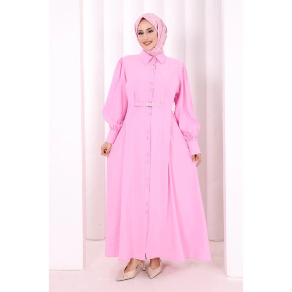 Kemerli Kloş Elbise 7073 Pembe