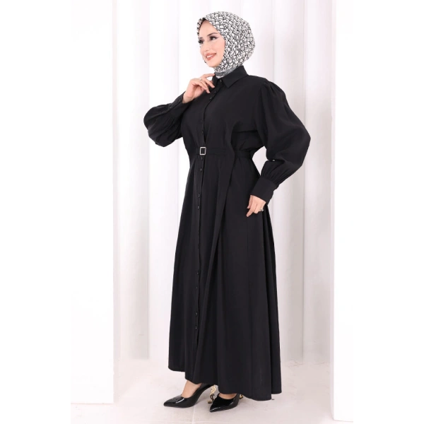 Kemerli Kloş Elbise 7073 Siyah