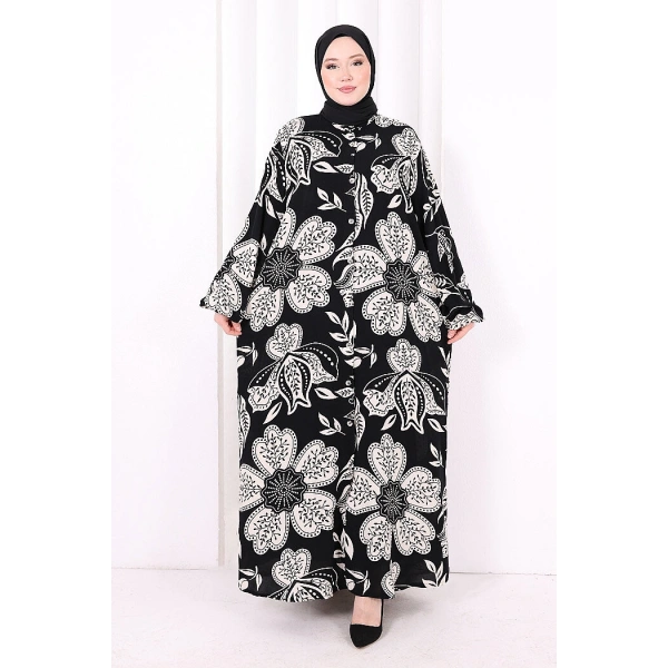 Kendinden Desenli Elbise 7086 Siyah