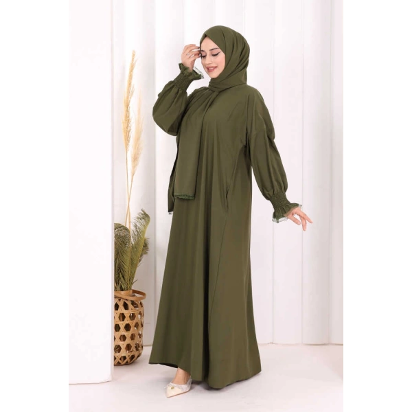 Kendinden Şallı Namaz  Elbisesi 8007 Haki