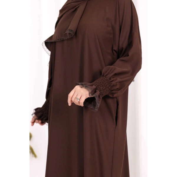 Kendinden Şallı Namaz  Elbisesi 8007 Kahverengi