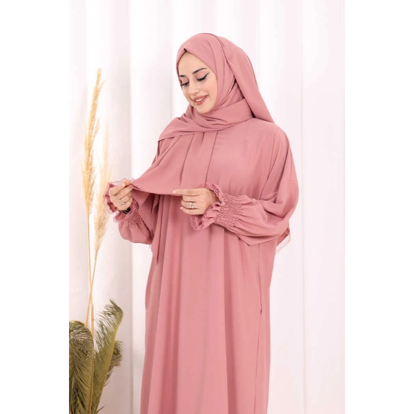 Kendinden Şallı Namaz  Elbisesi 8007 Pudra