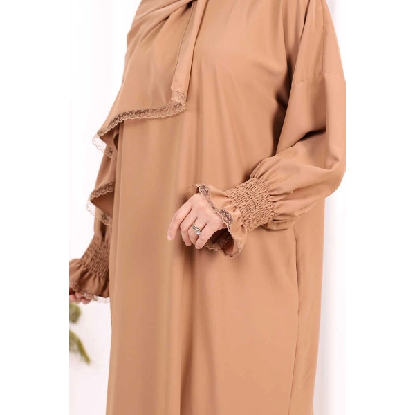 Kendinden Şallı Namaz  Elbisesi 8007 Taba