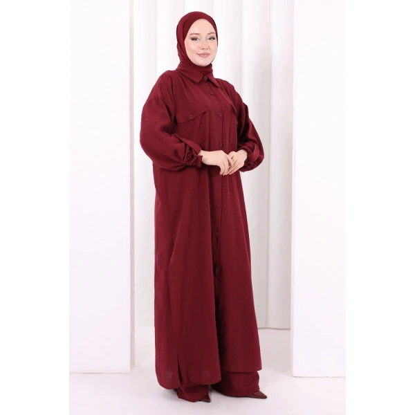 Keten Düğmeli Tunik Pantolon Takım 8015 Bordo