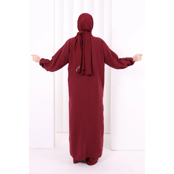 Keten Düğmeli Tunik Pantolon Takım 8015 Bordo