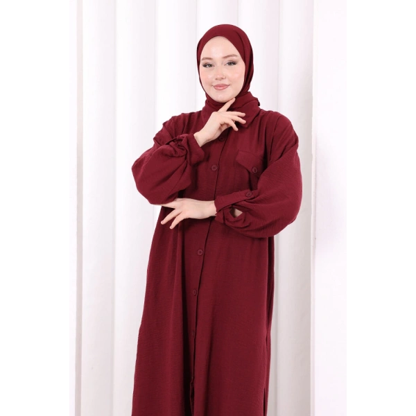 Keten Düğmeli Tunik Pantolon Takım 8015 Bordo