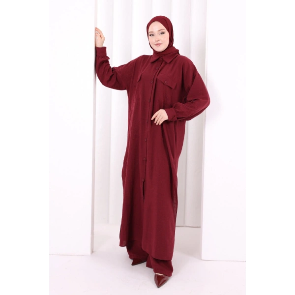 Keten Düğmeli Tunik Pantolon Takım 8015 Bordo