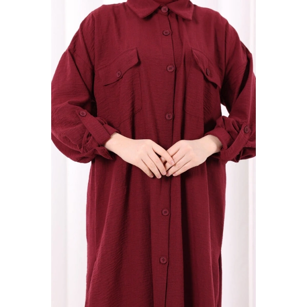 Keten Düğmeli Tunik Pantolon Takım 8015 Bordo