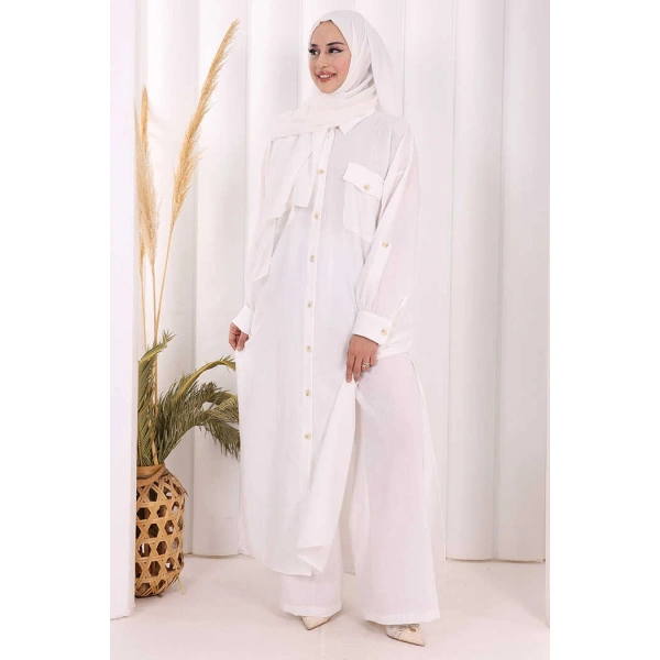 Keten Düğmeli Tunik Pantolon Takım 8015 Ekru