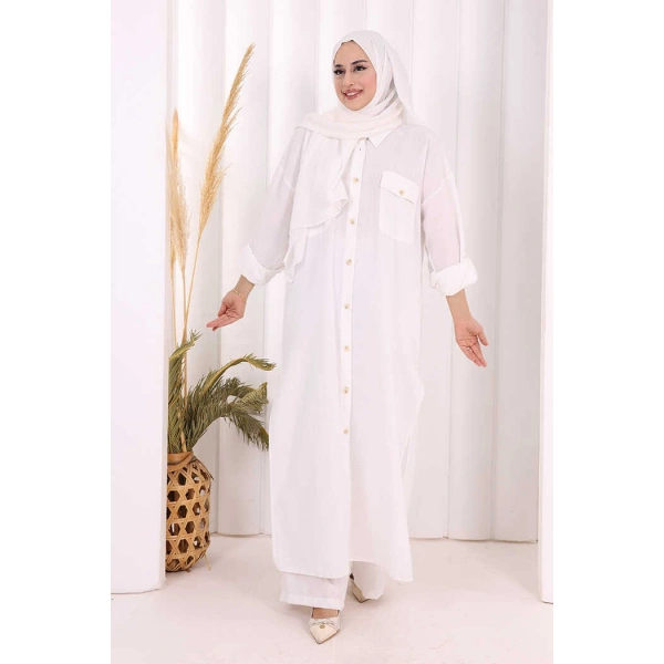 Keten Düğmeli Tunik Pantolon Takım 8015 Ekru