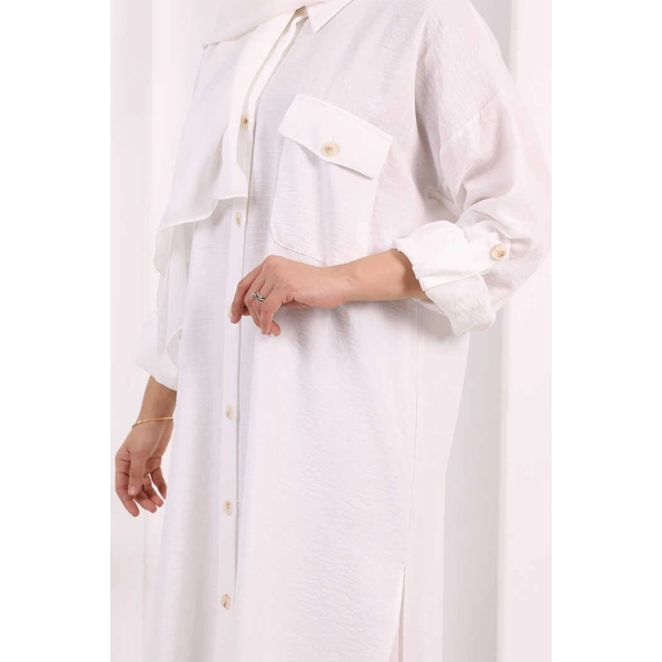 Keten Düğmeli Tunik Pantolon Takım 8015 Ekru
